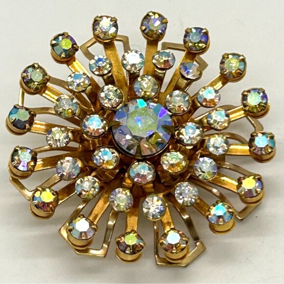 Vintage Aurora Borealis Brooch Gold-Tone Rivet Set 1960s Starburst Atomic 2 inch - Picture 5 of 14